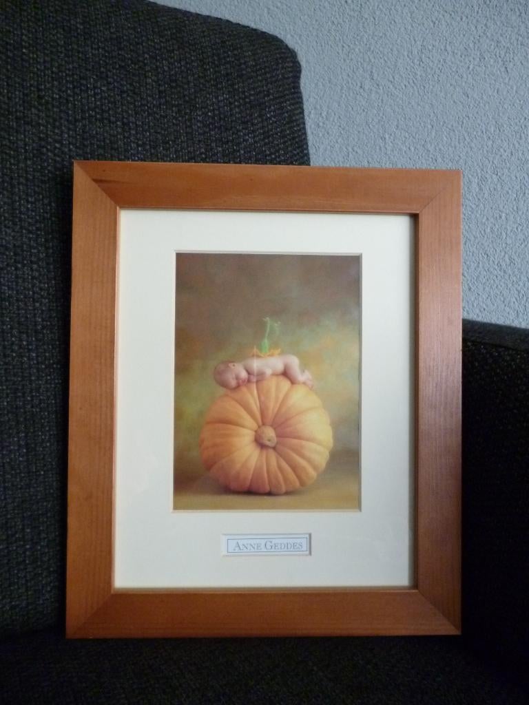 Schilderij ANNE GEDDES - Baby op Pompoen 25x30 cm, Ophalen of Verzenden, Zo goed als nieuw, Wanddecoratie