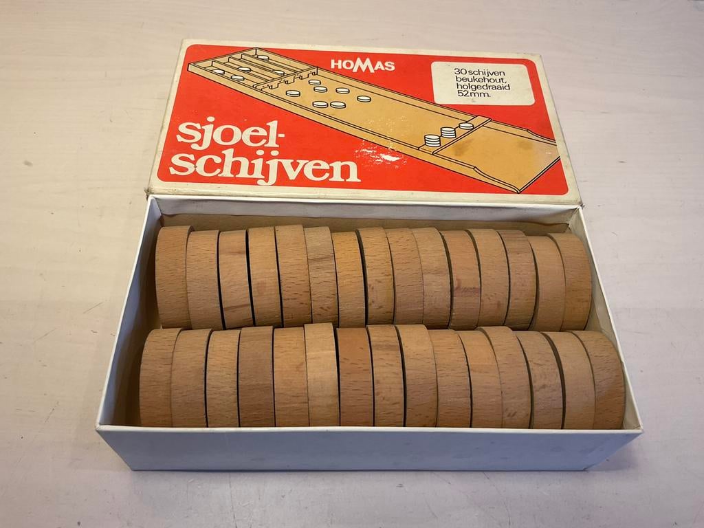 Homas 30 sjoelschijven 52 mm, holgedraaid en beukenhout, Ophalen of Verzenden, Gebruikt