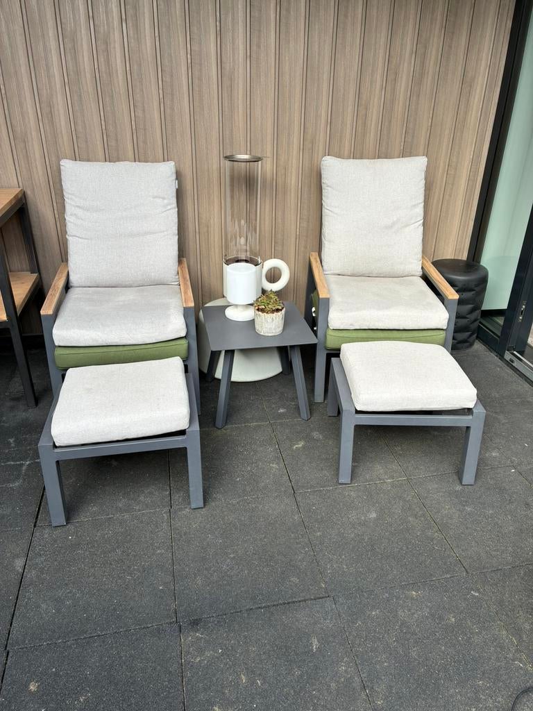 Verstelbare tuinstoelen/fauteuils, tafeltje en voetenbankjes, Ophalen, Gebruikt, Aluminium, Verstelbaar