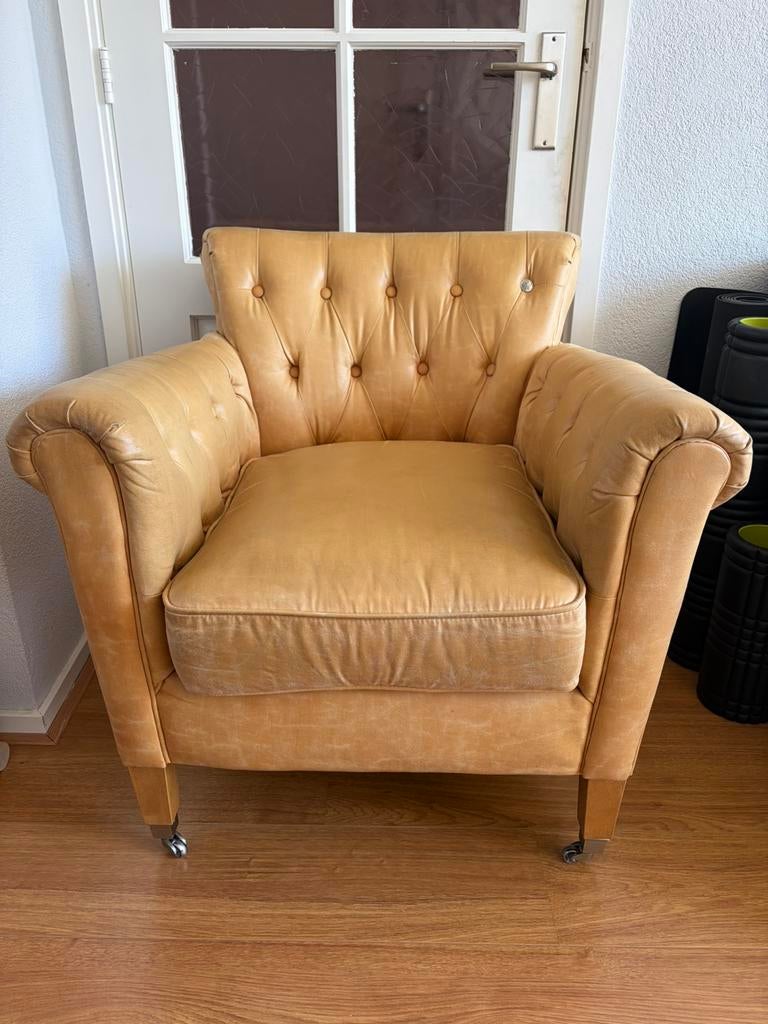 Riviera Maison Fauteuil Leer, Huis en Inrichting, Fauteuils, Ophalen, Gebruikt, 50 tot 75 cm, Leer