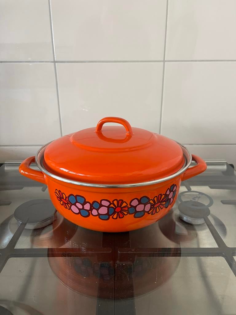 Vintage Brabantia Diane Emaille Kookpan Jaren '70 Oranje, Antiek en Kunst, Ophalen of Verzenden