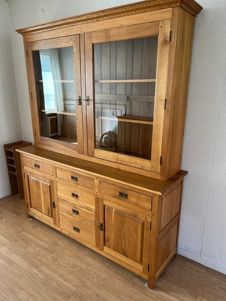 Massief eikenhouten vitrinekast met lades en deuren, Huis en Inrichting, Kasten | Buffetkasten, Ophalen, 200 cm of meer, 150 tot 200 cm