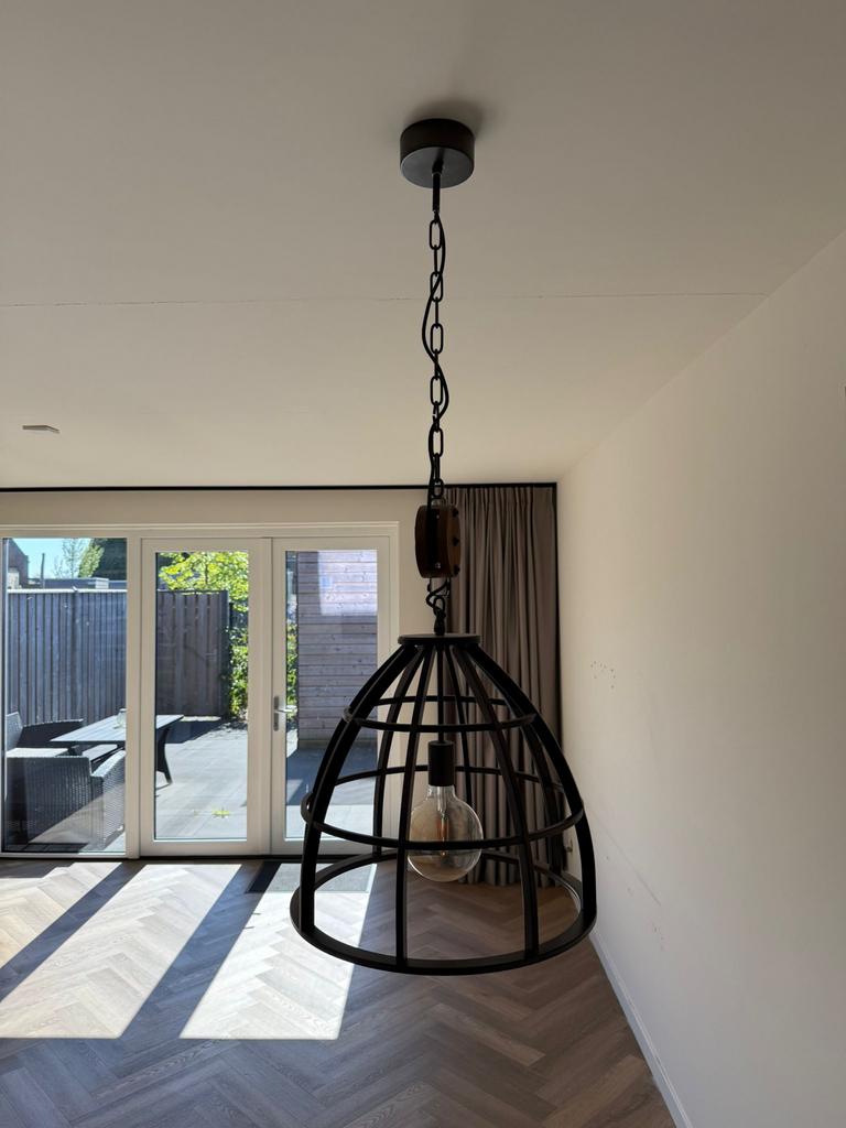 Industriële hanglamp met katrol - Zwart/Brons, Ophalen, Zo goed als nieuw, Hout, 75 cm of meer