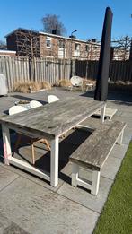 Houten tuintafel & bankje (opknapper), Ophalen, Gebruikt, 6 zitplaatsen, Tuinset