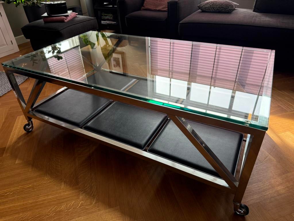 Eichholtz glazen met chroom koffie- salontafel 140 x 80 cm, Huis en Inrichting, Ophalen, 100 tot 150 cm, 50 tot 75 cm, Modern, luxe
