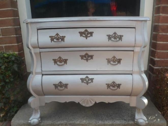 Vintage Ladekastje Buikkastje Zilver ladekast grijs eiken, Gebruikt, Eikenhout, 3 of 4 laden, Minder dan 100 cm