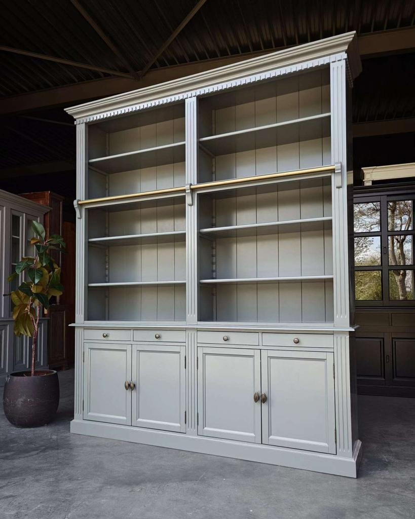 Hoge bibliotheekkast | Grijze boekenkast met ladder #4810, Niet ingevuld, Met deur(en), 200 cm of meer, Niet ingevuld