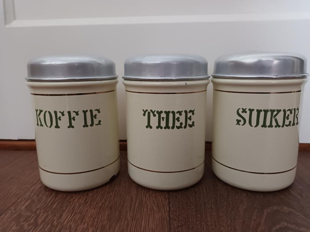Vintage Emaille Koffie, Thee en Suiker Bussen Set, Ophalen of Verzenden