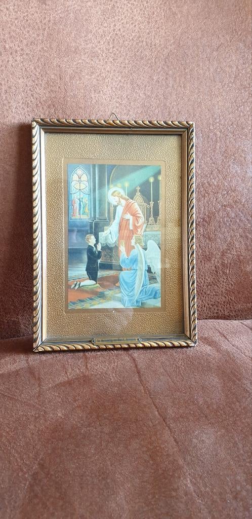 Eerste Communie prentje in gouden lijst, Antiek en Kunst, Curiosa en Brocante, Ophalen of Verzenden
