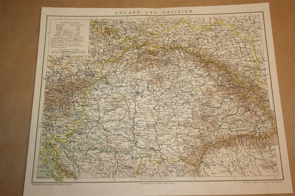 Antieke kaart - Hongarije en Galicië - Circa 1885 !!, Boeken, Atlassen en Landkaarten, Gelezen, Ophalen of Verzenden, Landkaart