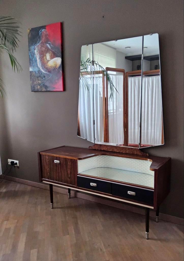 Vintage kaptafel met drieluikspiegel, Gebruikt, 100 tot 150 cm, Hout, 50 tot 100 cm