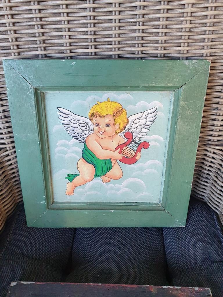 Vintage Engelen Schilderij - Handgeschilderd, Ophalen of Verzenden