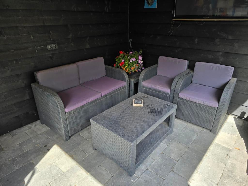 Complete Wicker Loungeset met Kussens - Grijs/Paars, Ophalen, Gebruikt, Wicker