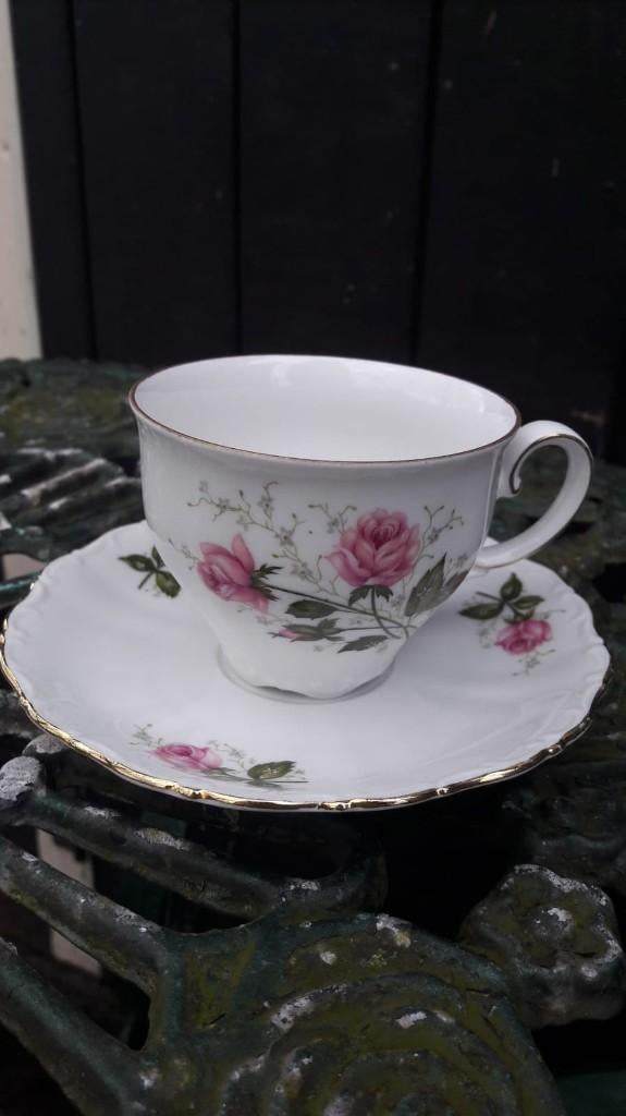 9 x Koffiekopje Seltmann Weiden Bavaria Theresia roze roos, Antiek en Kunst, Ophalen of Verzenden