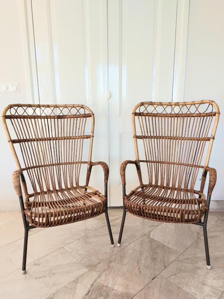 2x vintage rotan fauteuil tuinstoel jaren 50 60 Rohé, Huis en Inrichting, Stoelen, Ophalen, Gebruikt, Twee, Bruin