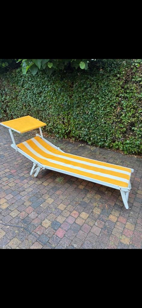 4 Italiaanse ligbedden - wit/geel, verstelbaar & inklapbaar, Ophalen of Verzenden, Gebruikt, Hout, Inklapbaar