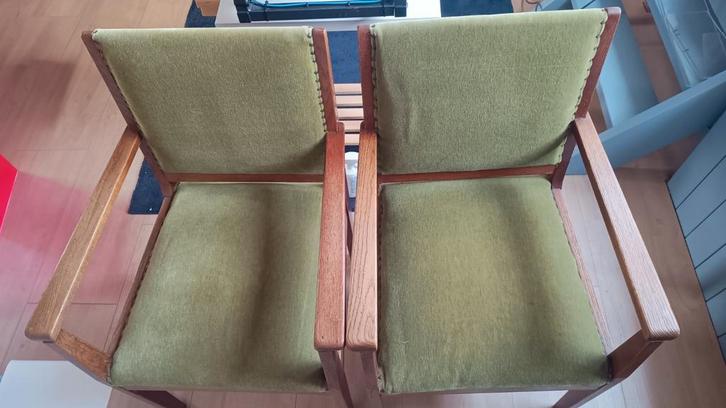 2 Vintage groene fauteuils, Huis en Inrichting, Fauteuils, Gebruikt, Hout, Stof, 50 tot 75 cm, Minder dan 75 cm, Ophalen