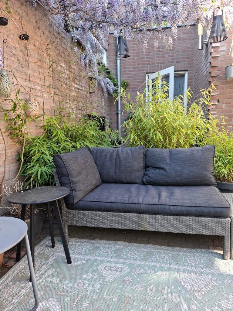 Grijze loungeset met zwarte kussens en losse elementen, Tuin en Terras, Tuinsets en Loungesets, Ophalen, 5 zitplaatsen, Gebruikt