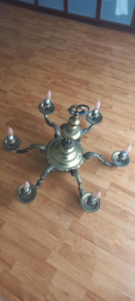 Antieke bronzen hanglamp met 6 armen, Huis en Inrichting, Lampen | Hanglampen, Gebruikt, Minder dan 50 cm, Metaal, Ophalen of Verzenden