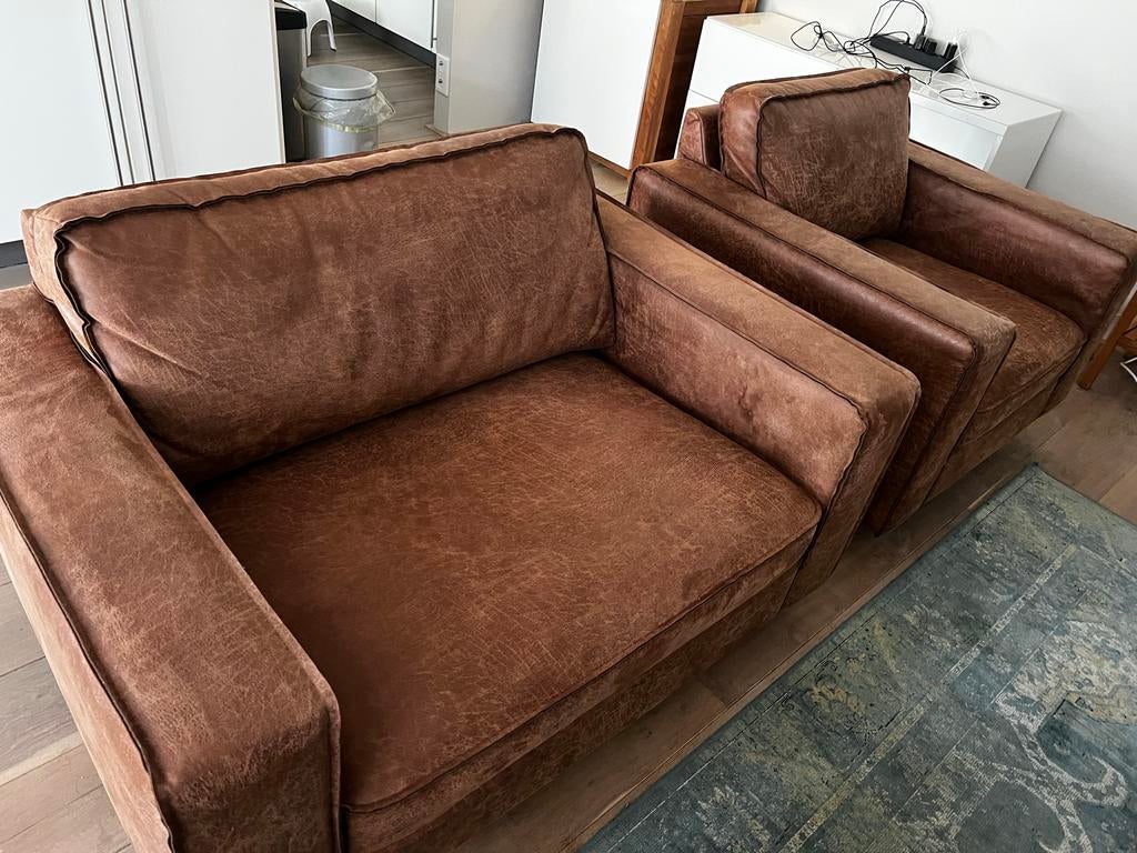 Complete microlederen bankstel Cognac met Zwarte Stalen Poot, Ophalen, Gebruikt, Leer