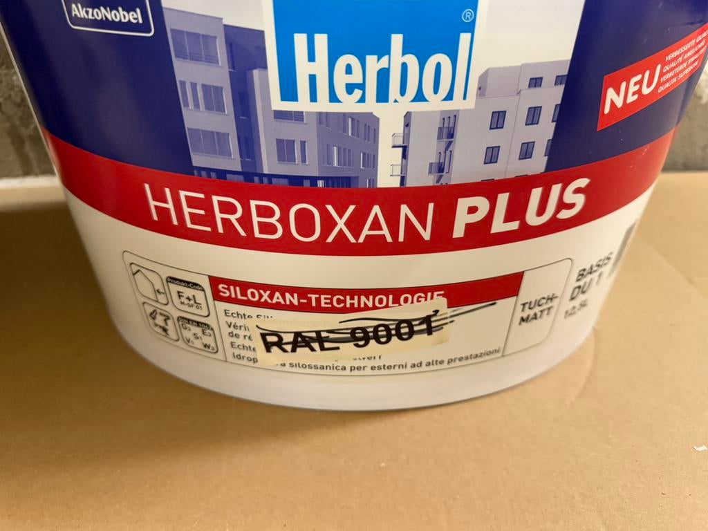 Herbol Herboxan beige muurverf voor buiten 12,5liter, Hobby en Vrije tijd, Schilderen, Ophalen, Nieuw, Acrylverf