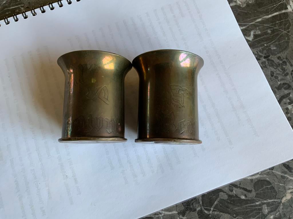 Trench art: 2 Britse 2-ponder hulzen uit 1939, Ophalen of Verzenden, Landmacht, Engeland, Hulzen of Bodemvondsten