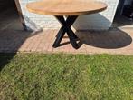 Ronde eettafel met houten blad en metalen onderstel, Ophalen of Verzenden, Rond, 100 tot 150 cm, 100 tot 150 cm
