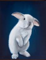 Pluizig wit konijntje op doek, ingelijst in een baklijst, Ophalen of Verzenden