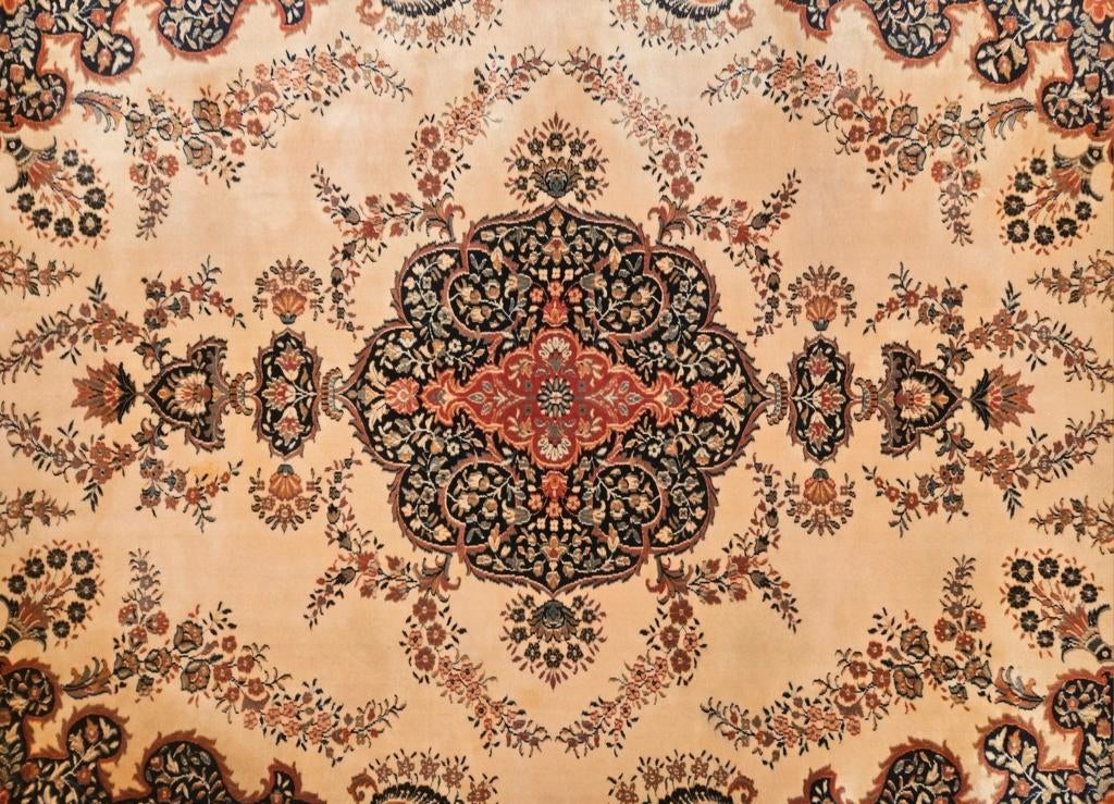 Vintage oosters wol Uzbek vloerkleed medallion 197x296cm, Gebruikt, Crème, 150 tot 200 cm, 200 cm of meer