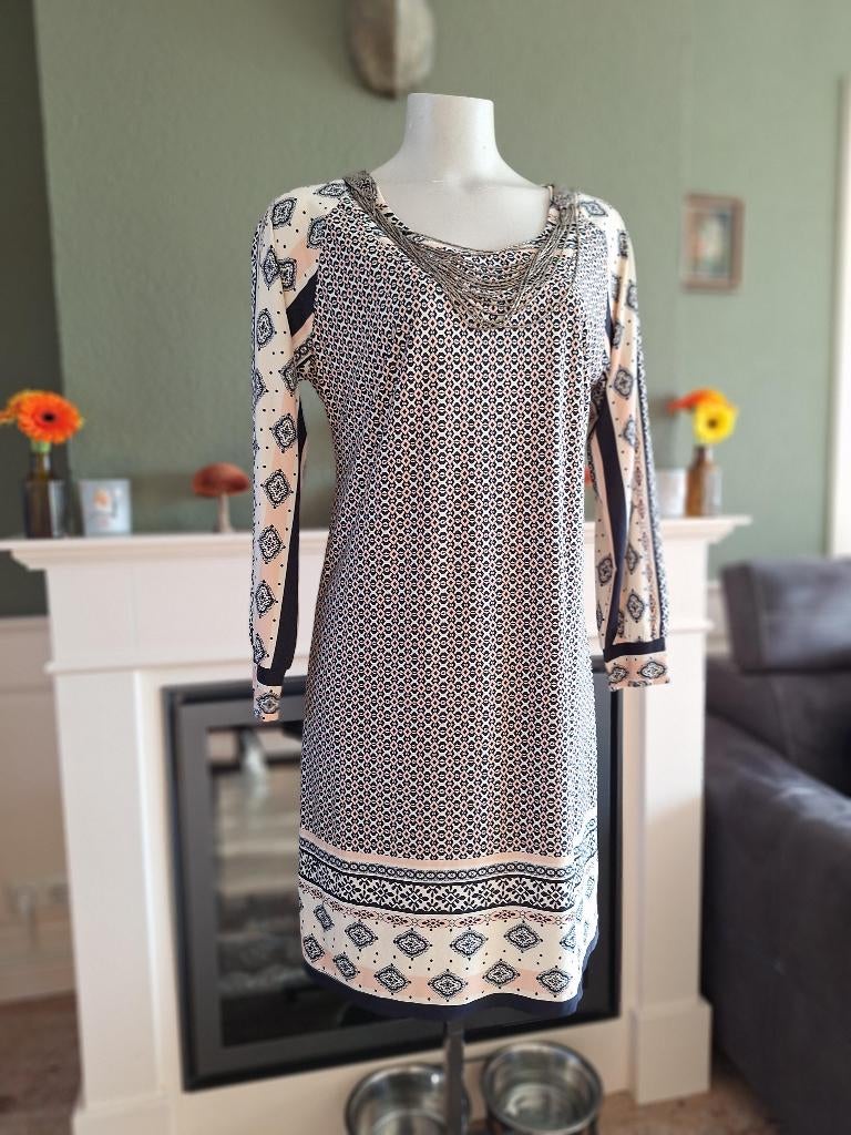 K-Design K design blauw roze crème jurk M 38, Maat 38/40 (M), K-design, Nieuw, Knielengte