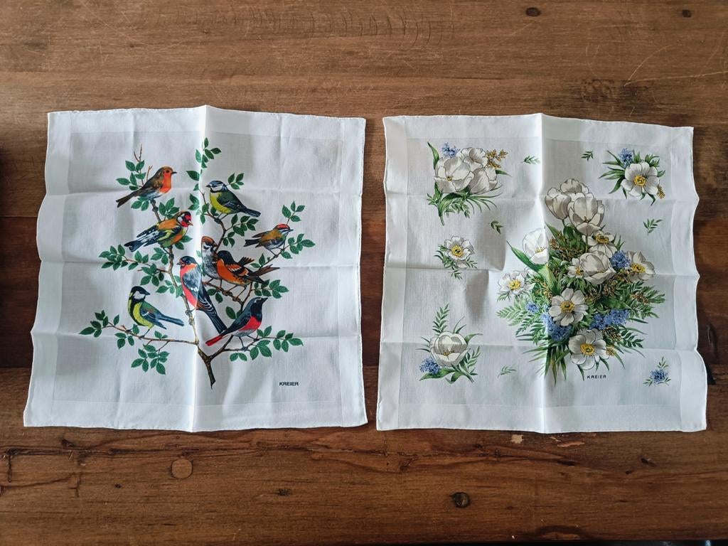 2 Vintage Kreier Zakdoeken - Vogels en Bloemen, Ophalen of Verzenden
