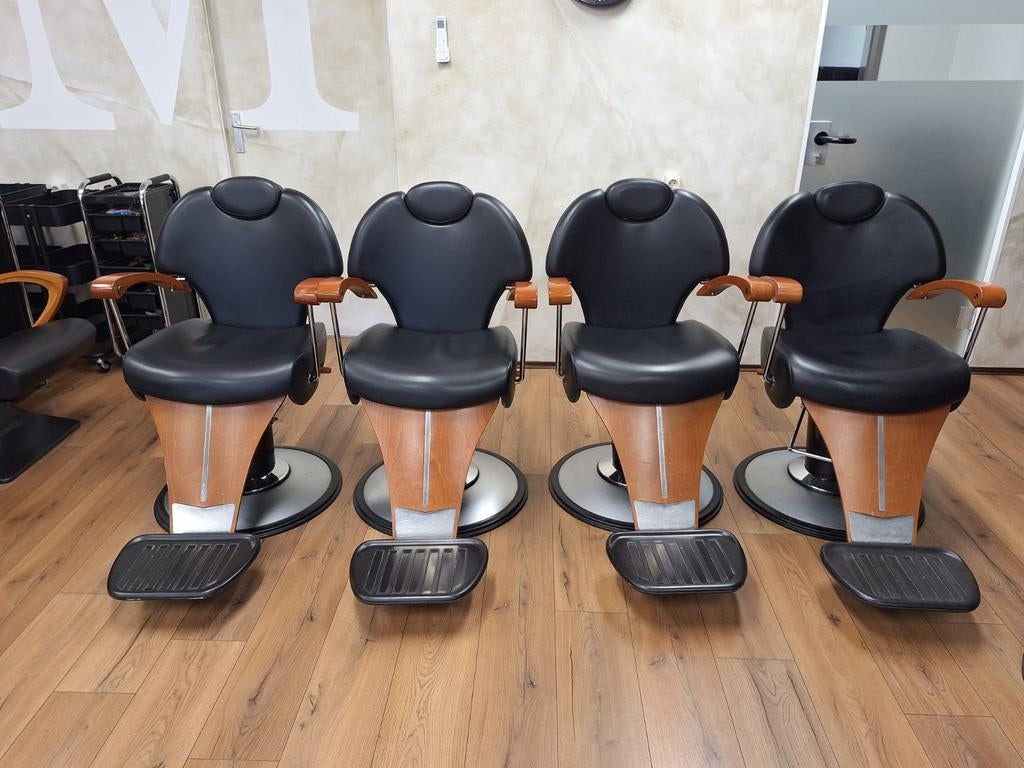 Set van 4 professionele kappersstoelen, Huis en Inrichting, Stoelen, Gebruikt, Vier, Hout, Leer, Metaal, Zwart, Ophalen of Verzenden