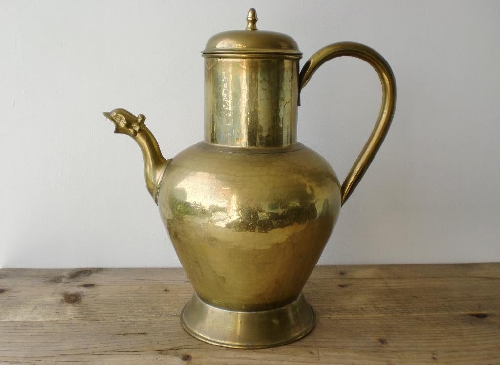 Grote antieke, geel koperen Kan met ganzenkop als tuit, 38cm, Ophalen of Verzenden, Koper