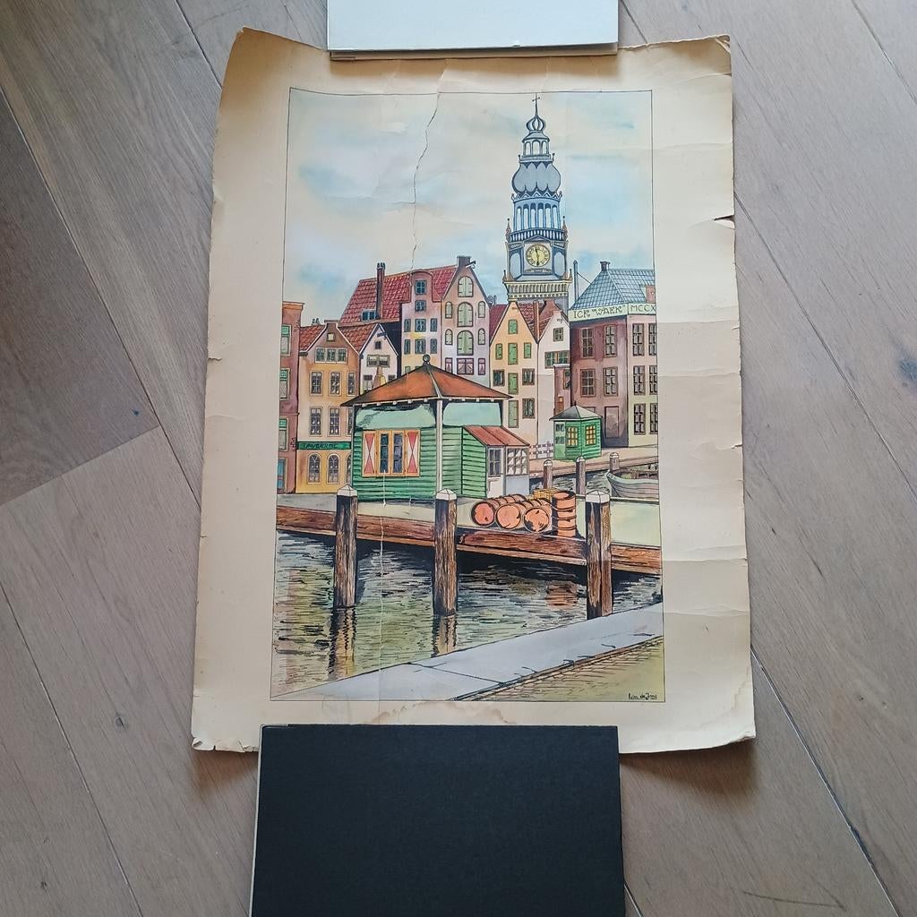 Kleurrijke pentekening met Amsterdamse Zuiderkerk, Antiek en Kunst, Ophalen