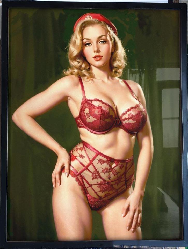 [Poster in Frame] Sexy Red Lingerie Leger Girl WW2 Pin up, Verzamelen, Militaria | Tweede Wereldoorlog, Foto of Poster, Amerika