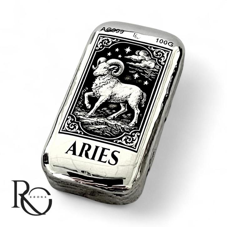 ARIES – 100 gram zilverbaar (Mythische Sterrenbeelden Serie), Postzegels en Munten, Edelmetalen en Baren, Zilver, Ophalen of Verzenden