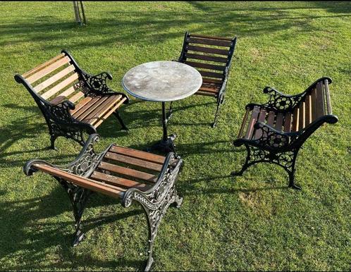 gietijzeren bistroset: 4 stoelen+tafel met marmeren blad, Tuin en Terras, Tuinsets en Loungesets, Gebruikt, Ophalen