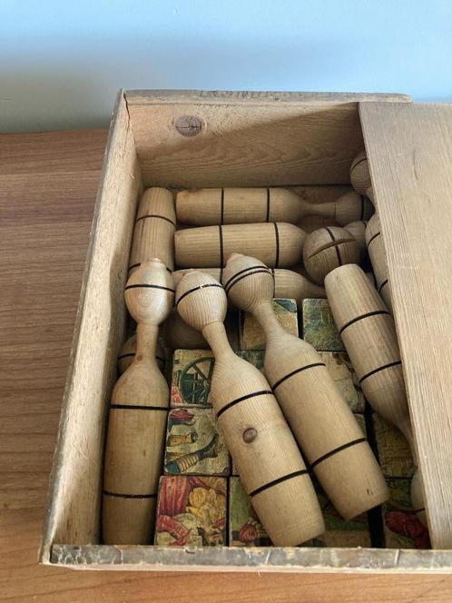 Authentiek vintage houten kegelspel + Oude blokjes puzzel, Antiek en Kunst, Antiek | Speelgoed, Ophalen of Verzenden