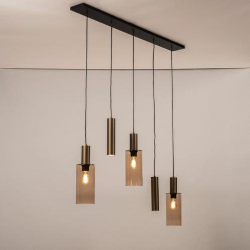 120cm hanglamp brons spots kokers bruin glas eettafel lamp, Huis en Inrichting, Lampen | Hanglampen, Nieuw, 75 cm of meer, Glas
