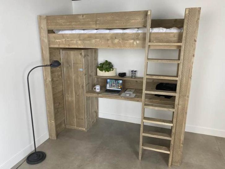 Steigerhouten bed + matras + kledingkast + bureau, Kinderen en Baby's, Kinderkamer | Bedden, Zo goed als nieuw, 160 tot 180 cm