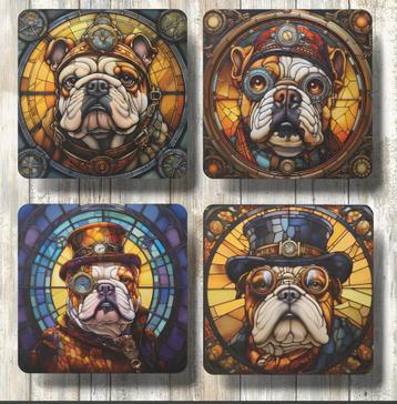 Engelse Bulldog Steampunk Glas in Lood onderzetters + houder beschikbaar voor biedingen