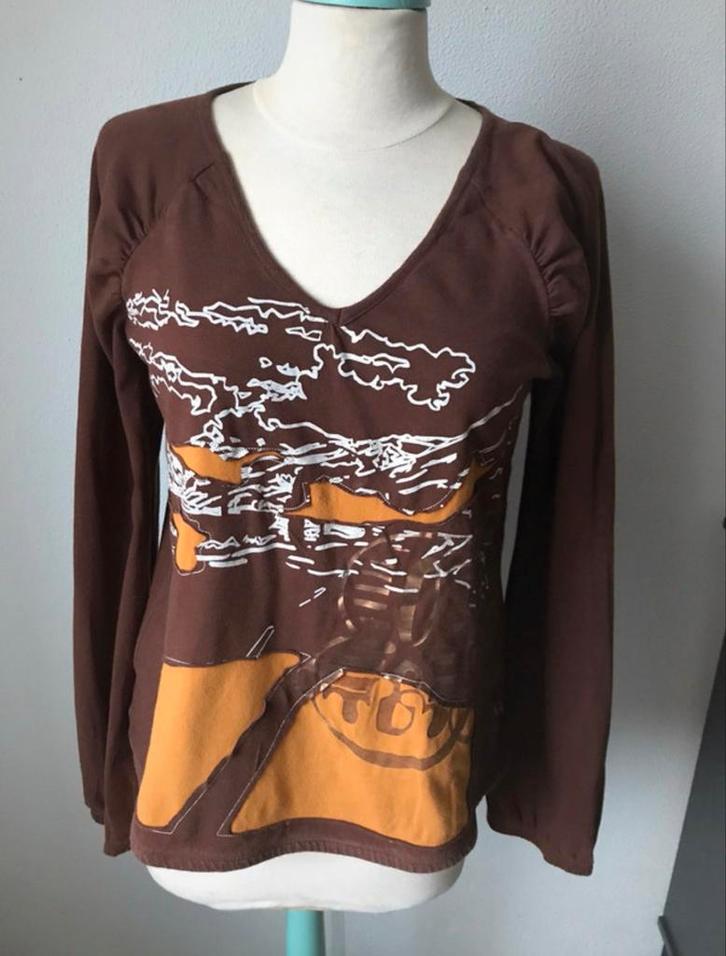 Losvallende v-hals trui met print, chocolade bruin, Kleding | Dames, Truien en Vesten, Gedragen, Maat 38/40 (M), Bruin, Ophalen of Verzenden