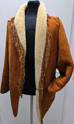 Vintage lammy coat met franjes - echt suède leer en vacht L, Bruin, Maat 42/44 (L), Ophalen of Verzenden, Vintage