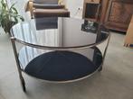 Salontafel, rond 75b x 40h, zwart glas, rvs frame, 3 wielen, Huis en Inrichting, Ophalen, Gebruikt, 50 tot 100 cm, Rond