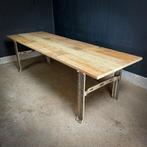 Industriële Eettafel – Houten Blad –  Machine Onderstel, Gebruikt, 200 cm of meer, Vijf personen of meer, Metaal