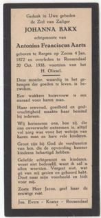 Johanna Bakx 1872 Bergen op Zoom + 1938 Roosendaal, 66 jr, Verzamelen, Bidprentjes en Rouwkaarten, Verzenden