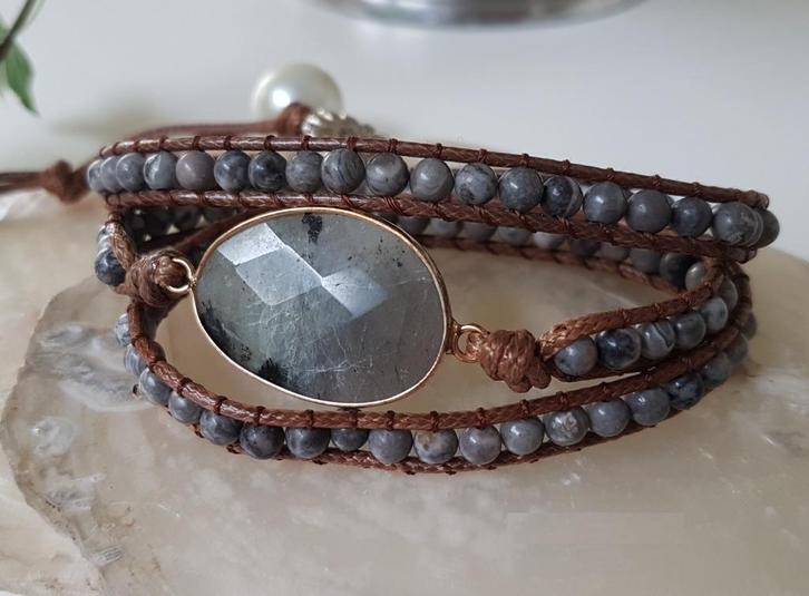 Handgeslepen Labradoriet Edelsteen Wikkel -Armband, Sieraden, Tassen en Uiterlijk, Armbanden, Nieuw, Overige materialen, Grijs