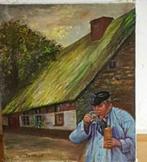 Olieverf boerderij boer met borrel jeneverfles gesigneerd., Antiek en Kunst, Kunst | Schilderijen | Klassiek, Ophalen