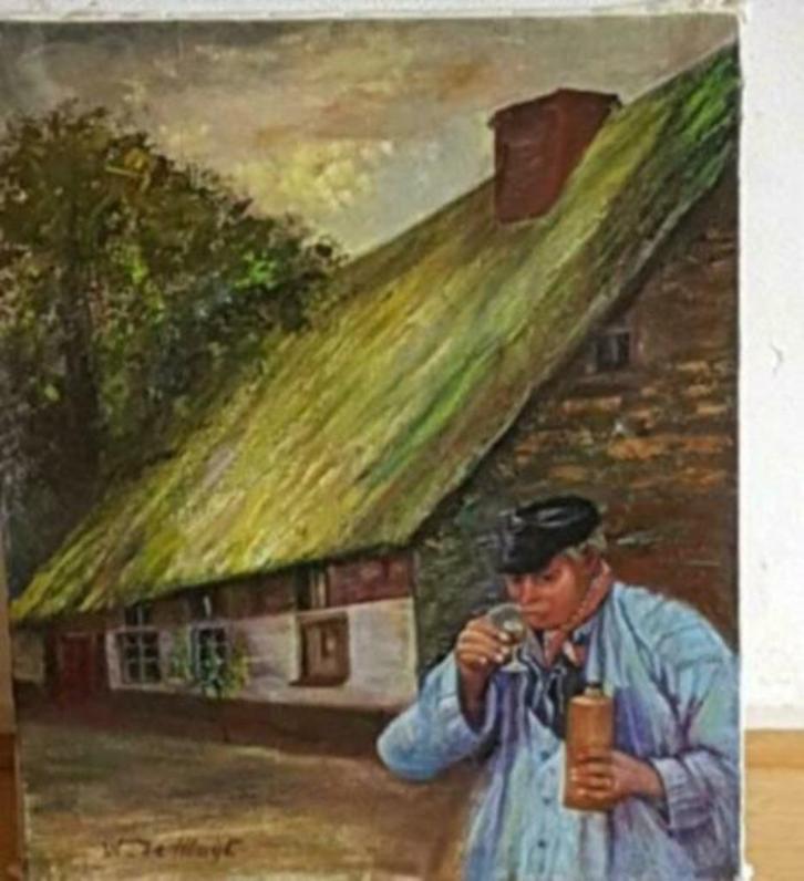 Olieverf boerderij boer met borrel jeneverfles gesigneerd., Antiek en Kunst, Kunst | Schilderijen | Klassiek, Ophalen