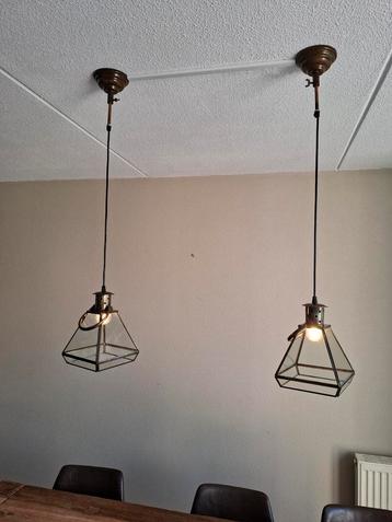 2 Industriële Hanglampen Glas & Brons beschikbaar voor biedingen